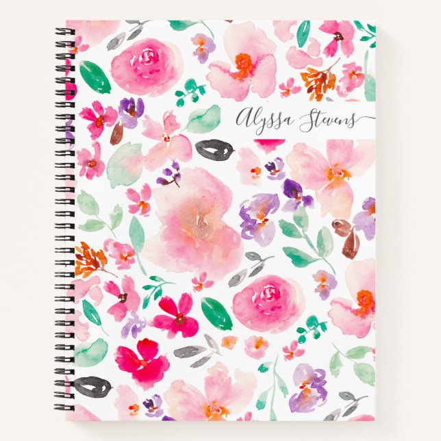 Pastel pink wild flowers floral watercolor pattern notebook (Front)