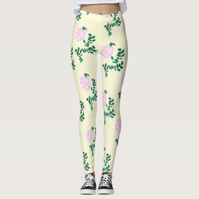 Pastel pink Wild Rose Flower  Leggings (Front)