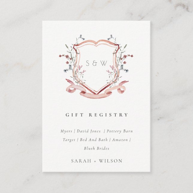 Pastel Pink Wildflower Crest Wedding Gift Registry Enclosure Card (Front)