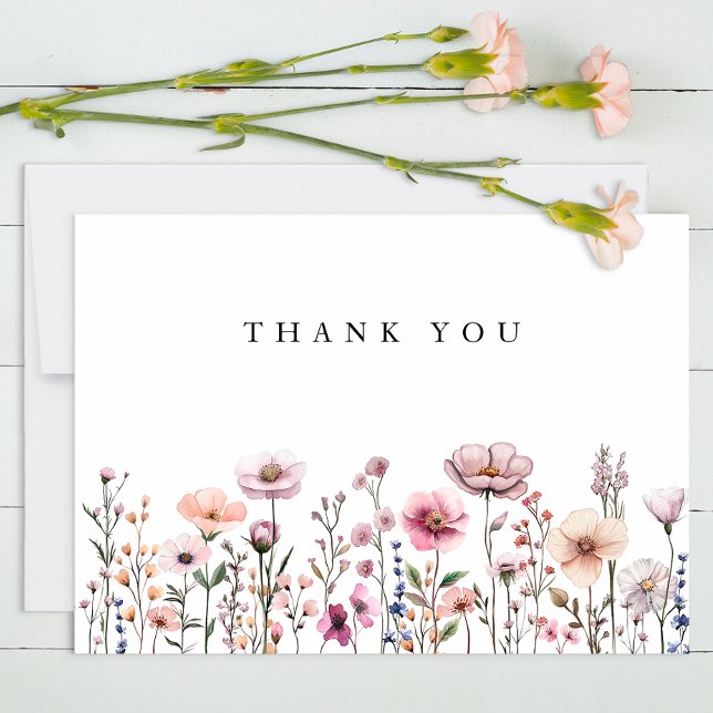 Pastel Pink Wildflower Thank You Card – Dusty Bota (Wildflower Thank you Flat Card)