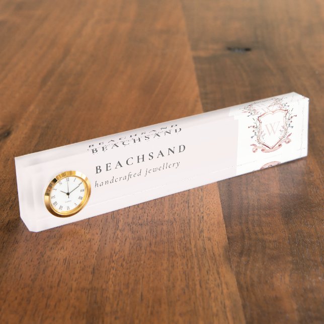 Pastel Pink Wildflower Watercolor Crest Monogram Nameplate (Side)