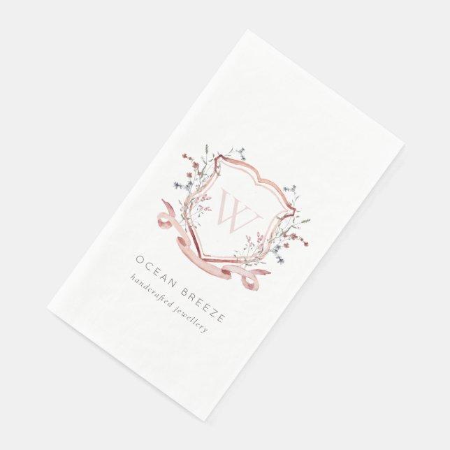 Pastel Pink Wildflower Watercolor Crest Monogram Napkin (Corner)