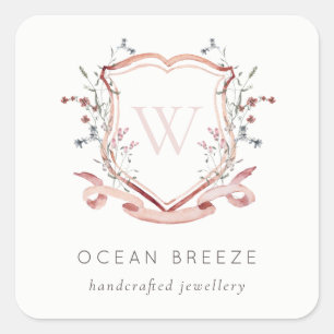 Pastel Pink Wildflower Watercolor Crest Monogram Square Sticker
