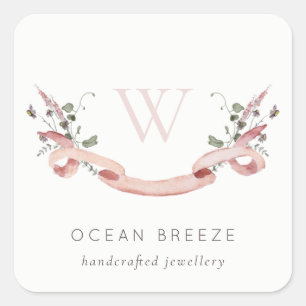 Pastel Pink Wildflower Watercolor Ribbon Monogram Square Sticker