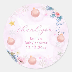 Pastel Pink Winter Snowflake Floral Baby Shower  Classic Round Sticker