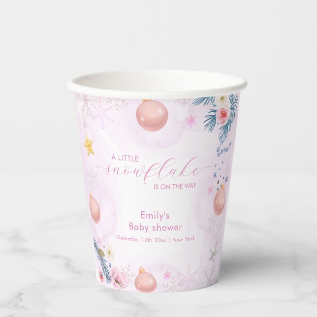 Pastel Pink Winter Snowflake Floral Baby Shower  Paper Cups (Front)