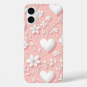 PASTEL PINK WITH WHITE HEARTS AND FLOWERS iPhone 16 PLUS CASE