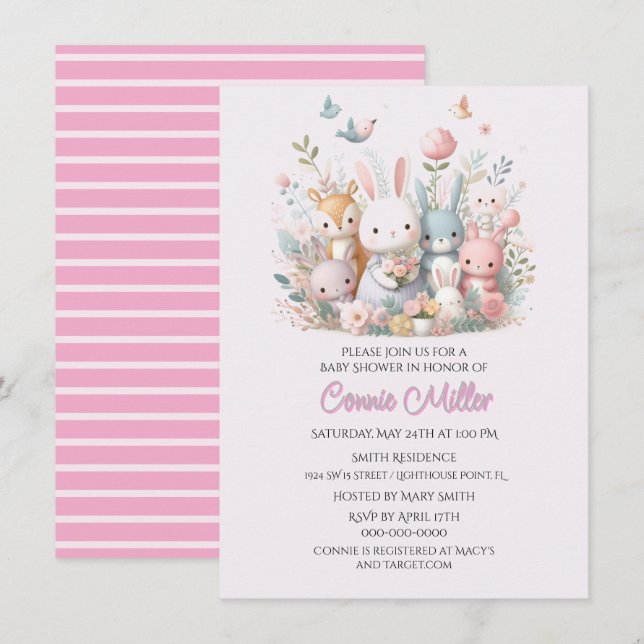 Pastel Pink Woodland Animals Baby Shower Invitation (Front/Back)