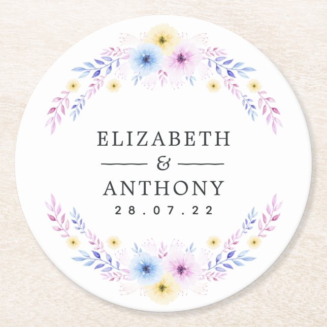 Pastel Pink, Yellow and Blue Floral Wedding Round Paper Coaster (Front)