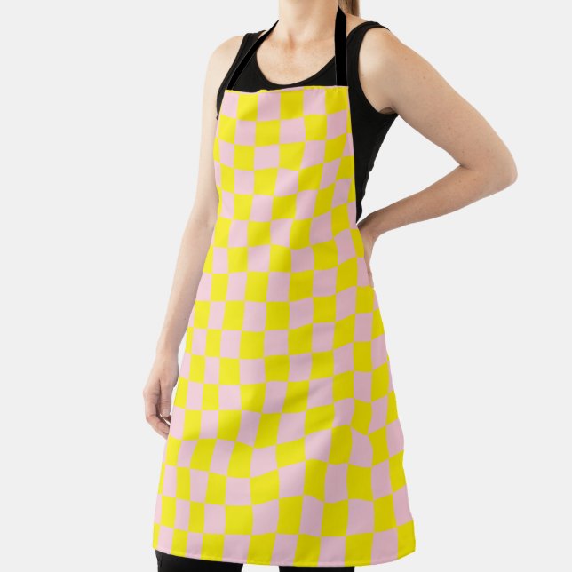 Pastel Pink Yellow Chequered Chequerboard Vintage Apron (Insitu)