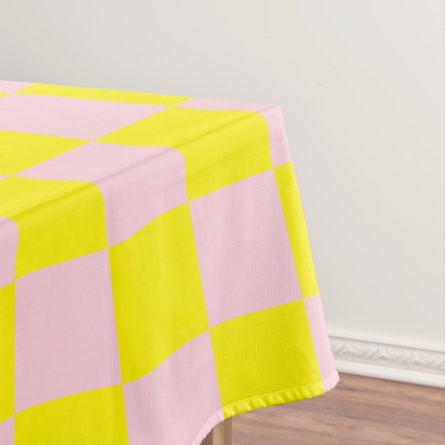 Pastel Pink Yellow Chequered Chequerboard Vintage Tablecloth (In Situ)