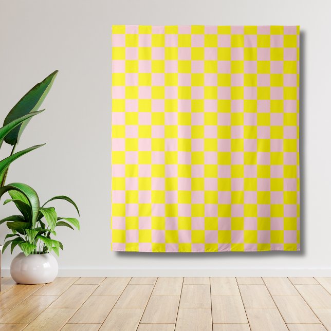 Pastel Pink Yellow Chequered Chequerboard Vintage Tapestry (Creator Uploaded)