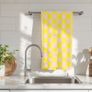 Pastel Pink Yellow Chequered Chequerboard Vintage Tea Towel