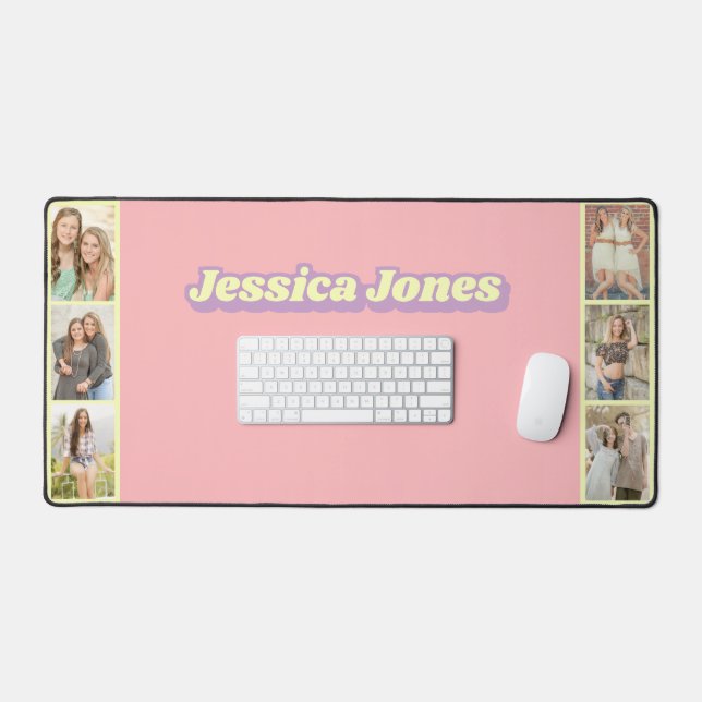 Pastel Pink Yellow Cute Name Photo Collage Desk Mat (Keyboard & Mouse)