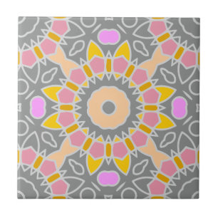 Pastel Pink Yellow Grey Ethnic Boho Mosaic Pattern Tile