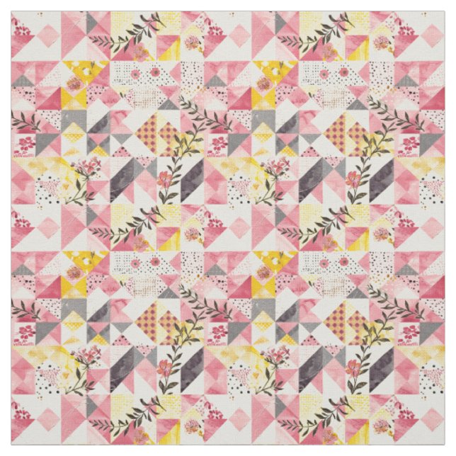 Pastel Pink Yellow Patchwork Vintage Quilt Fabric (Swatch)