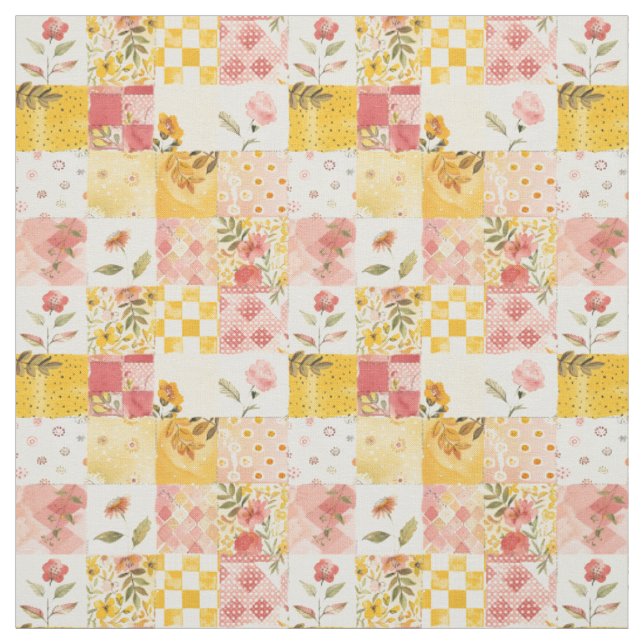Pastel Pink Yellow Patchwork Vintage Quilt Fabric (Swatch)