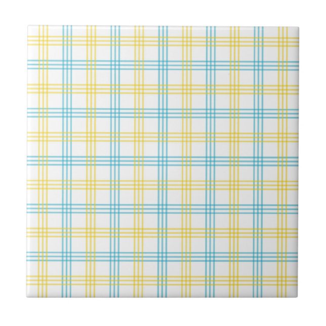 Pastel Plaid Blue Yellow Accent Ceramic Tile (Front)