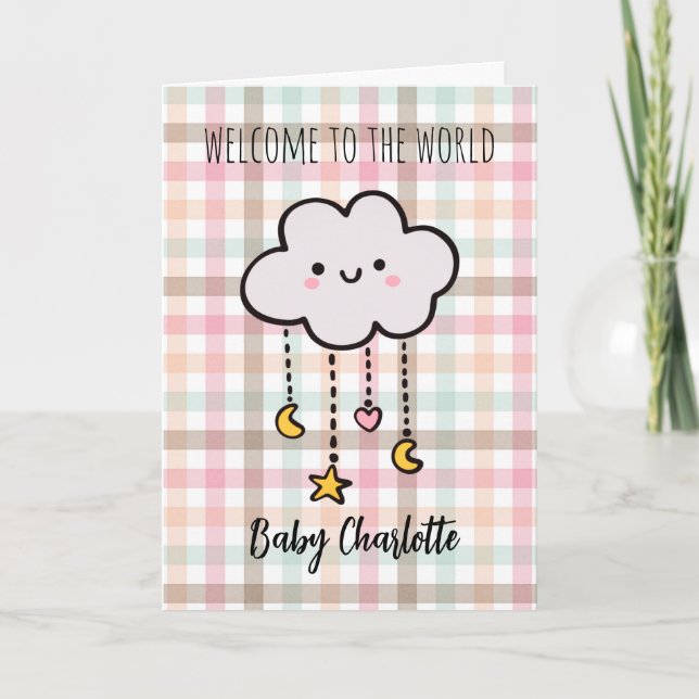Pastel Plaid Cloud Welcome Baby Girl Card (Front)
