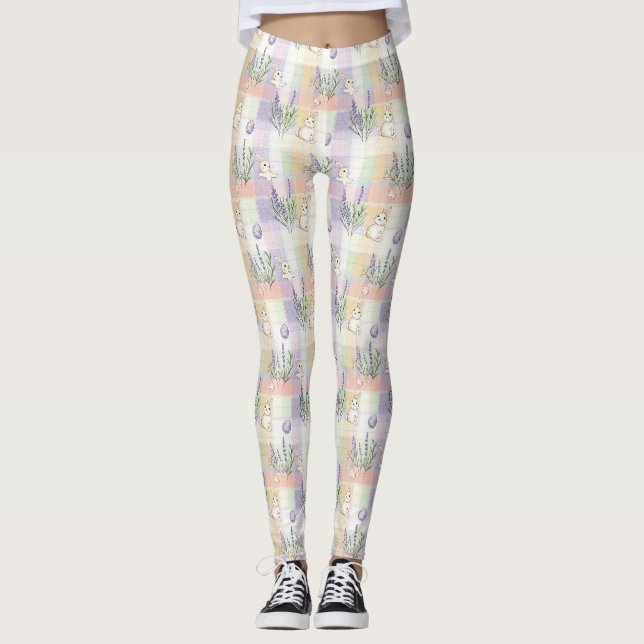 Pastel Plaid Easter Bunny Pattern Leggings (Front)