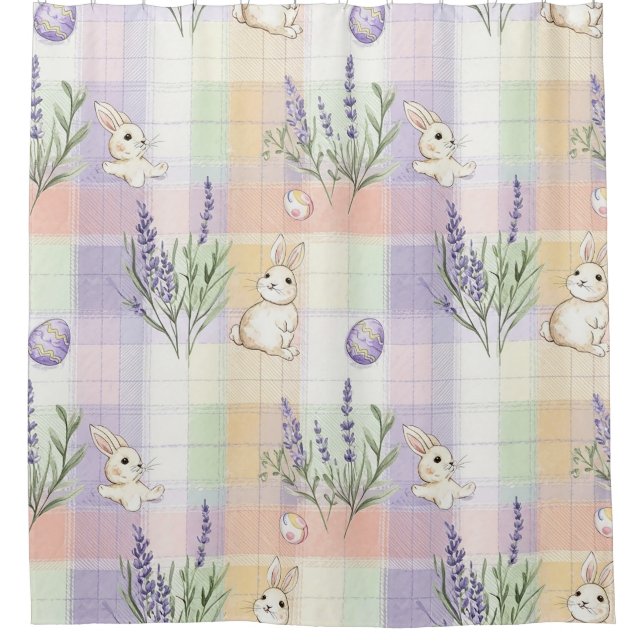 Pastel Plaid Easter Bunny Pattern Shower Curtain (Front)