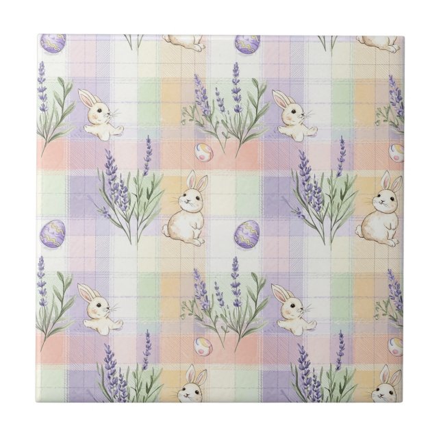 Pastel Plaid Easter Bunny Pattern Tile (Front)