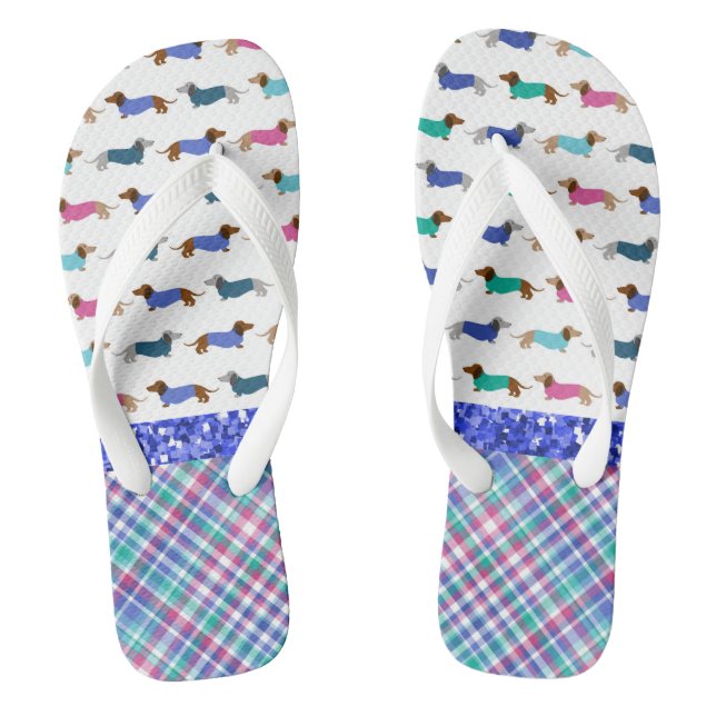 Pastel Plaid Glitter Dachshund Flip Flops (Footbed)