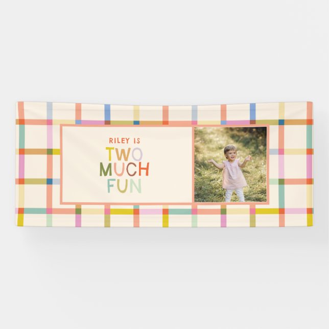 Pastel Plaid "Two Much Fun" 2nd Birthday Banner (Horizontal)