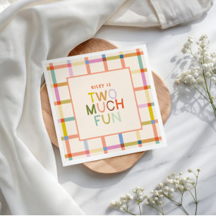 Pastel Plaid "Two Much Fun" 2nd Birthday Custom Napkin