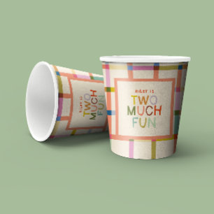 Pastel Plaid "Two Much Fun" 2nd Birthday Custom Paper Cups