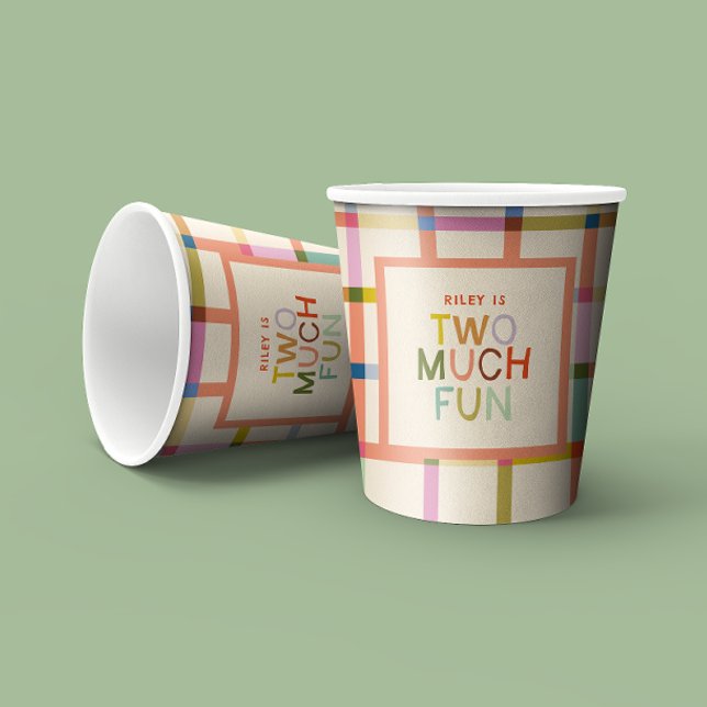 Pastel Plaid "Two Much Fun" 2nd Birthday Custom Paper Cups (Creator Uploaded)