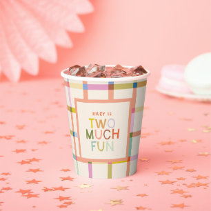 Pastel Plaid "Two Much Fun" 2nd Birthday Custom Paper Cups