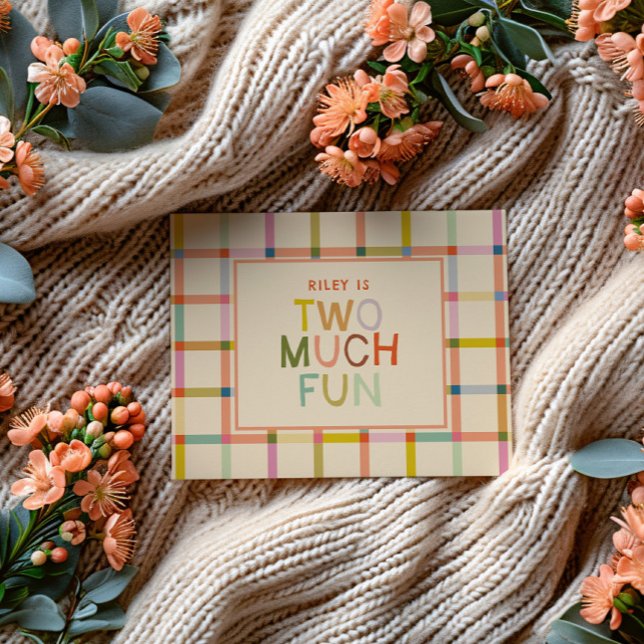 Pastel Plaid "Two Much Fun" 2nd Birthday Invitation Postcard (Creator Uploaded)