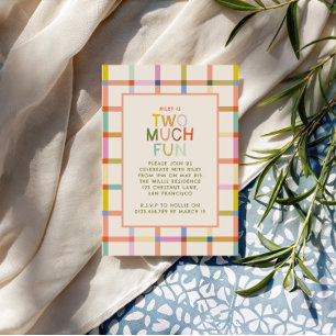 Pastel Plaid "Two Much Fun" 2nd Birthday photo Invitation