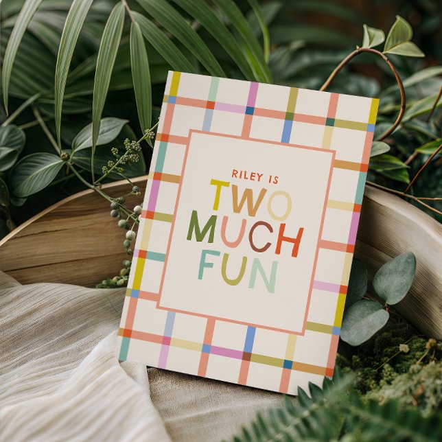 Pastel Plaid "Two Much Fun" 2nd Birthday thank you Card (Creator Uploaded)