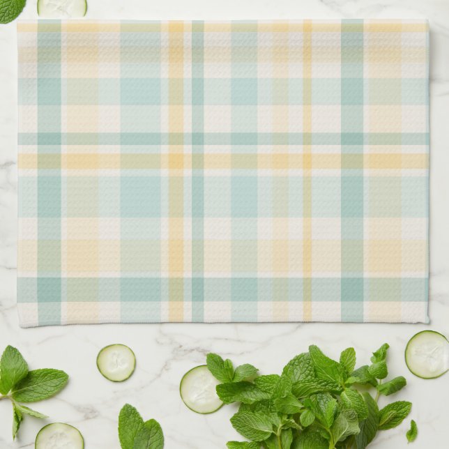 Pastel Plaid - yellow teal cream Tea Towel (Folded)