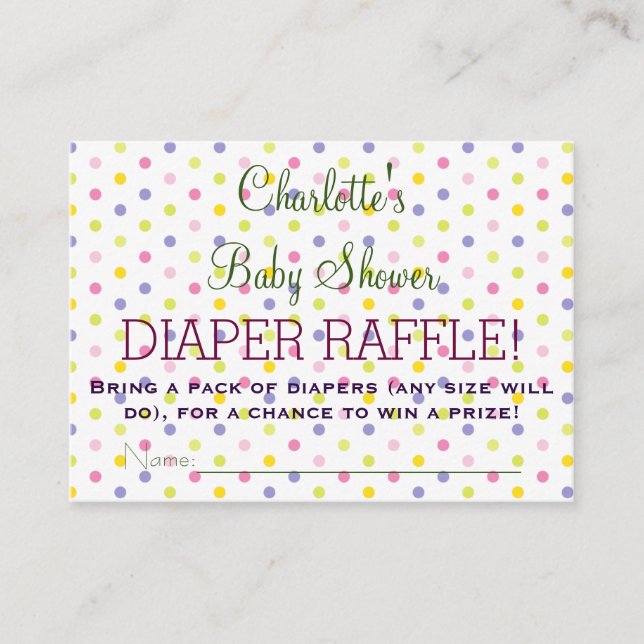 Pastel Polka Dot Baby Shower Diaper Raffle Tickets Enclosure Card (Front)