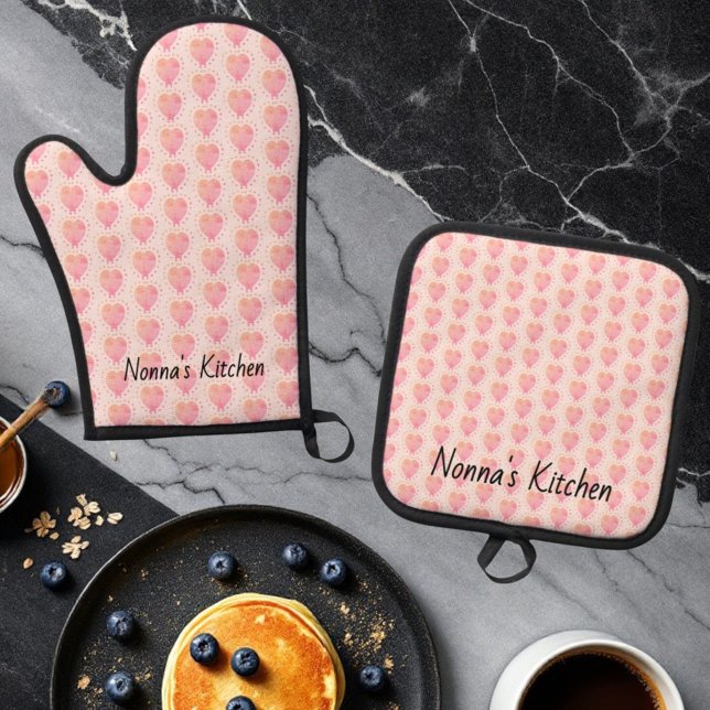 Pastel Polka Dot Surrounded Heart Pattern Oven Mitt & Pot Holder Set (Custom oven mitt and pot holder )