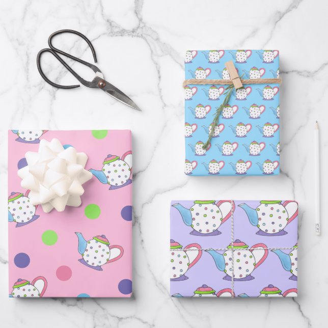 Pastel Polka Dot Teapot Afternoon Tea Party Pot Wrapping Paper Sheet (Front)