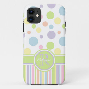 Pastel Polka Dots and Stripes w/Name & Initial iPhone 11 Case