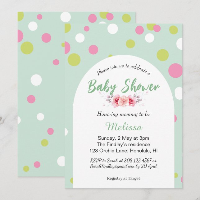 Pastel polka dots baby shower invitation (Front/Back)