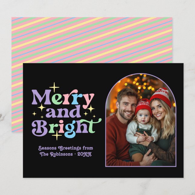 Pastel Pop Modern Retro Christmas Family Photo Holiday Card (Front/Back)