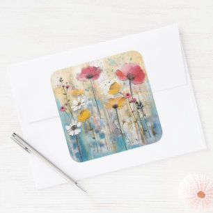 Pastel Poppies Impasto Oil Painting Square Sticker