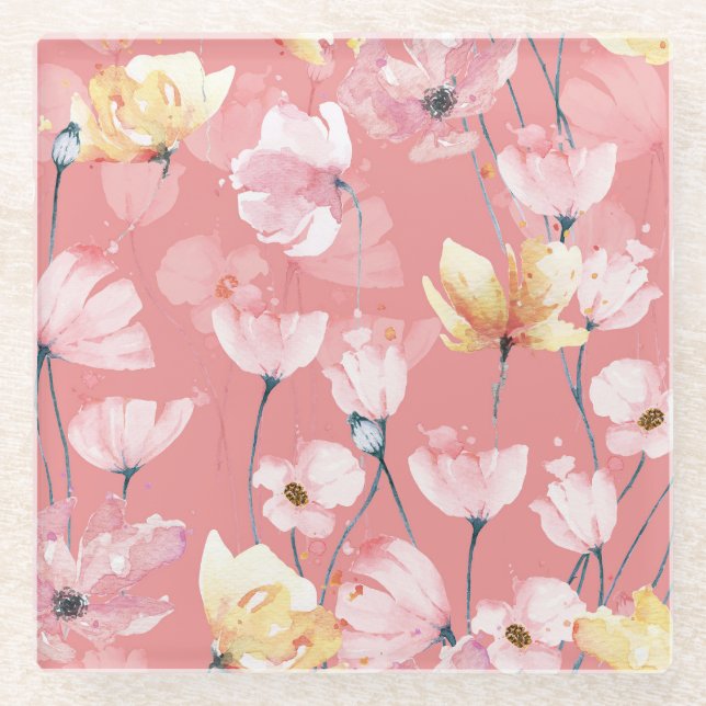 Pastel Poppies: Watercolor Floral Seamless. Glass Coaster (Front)