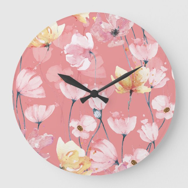 Pastel Poppies: Watercolor Floral Seamless. Large Clock (Front)