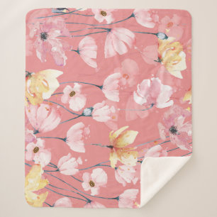 Pastel Poppies: Watercolor Floral Seamless. Sherpa Blanket