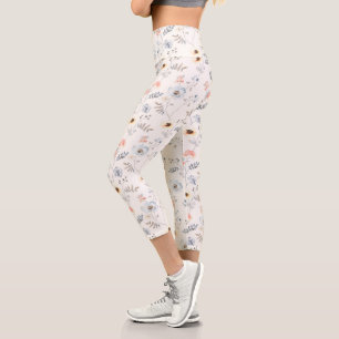 Pastel Poppy Floral Garden Pattern Capri Leggings