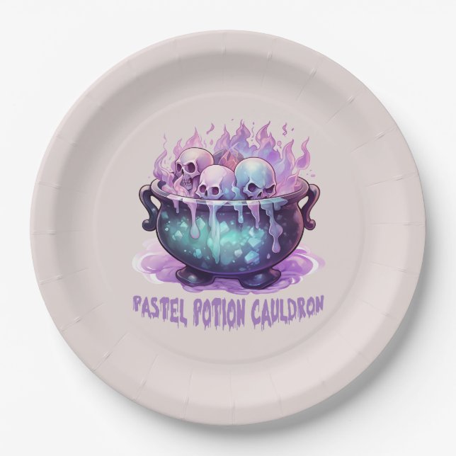 Pastel Potion Cauldron with Purple Skull Paper Plate (Front)