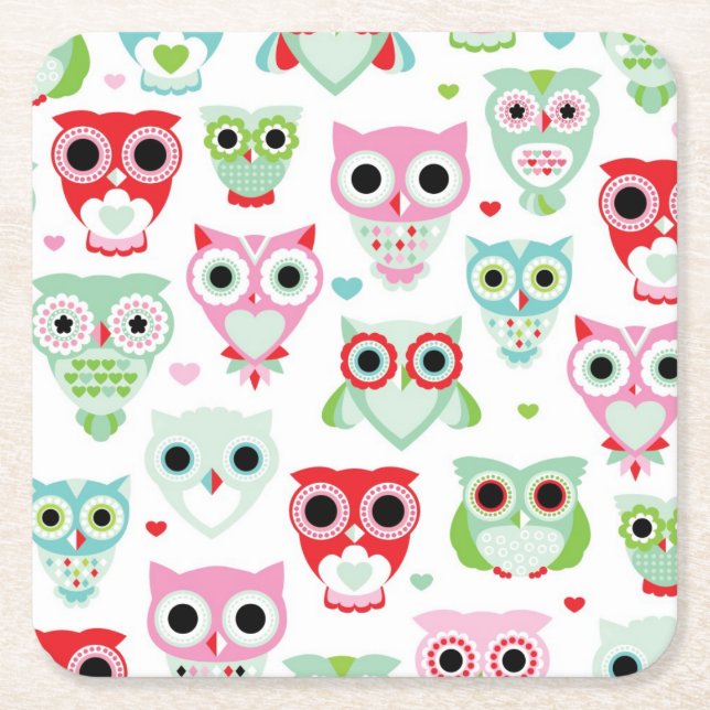 pastel powder colour owl background square paper coaster (Front)