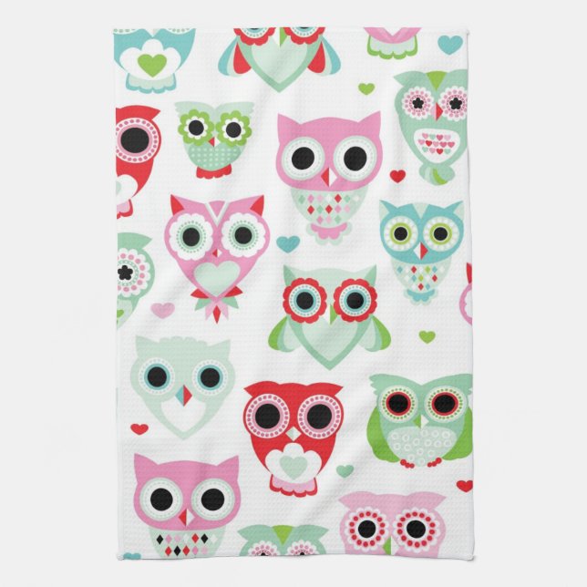 pastel powder colour owl background tea towel (Vertical)